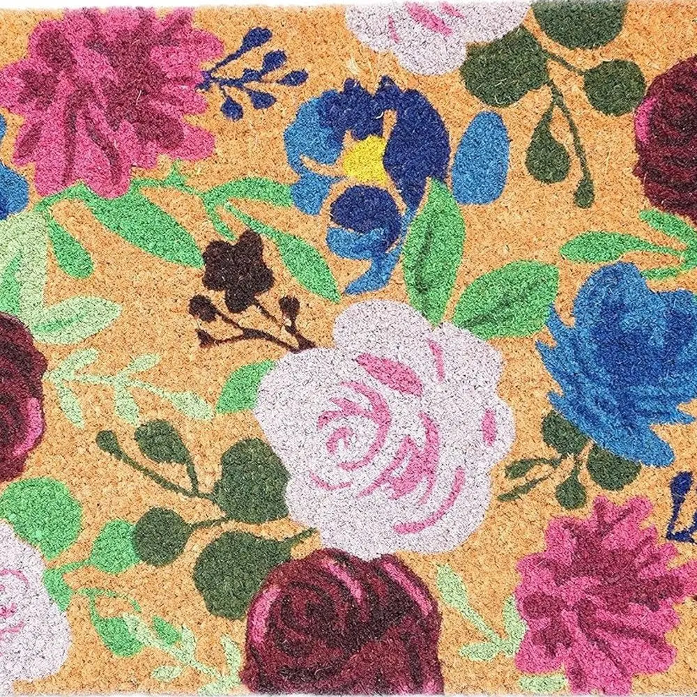 24" X 36" Natural Pink and Green Coir Floral Outdoor Door Mat - NOBLE HOME INTERIORS