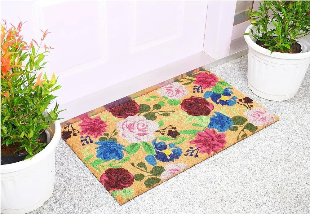 24" X 36" Natural Pink and Green Coir Floral Outdoor Door Mat - NOBLE HOME INTERIORS
