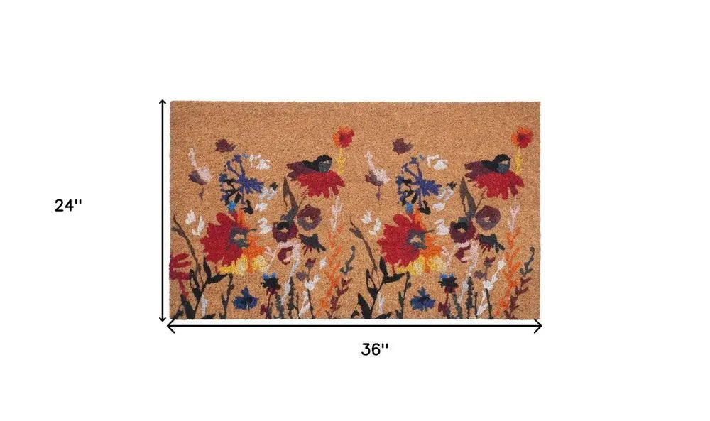 24" X 36" Natural Red and Yellow Coir Floral Outdoor Door Mat - NOBLE HOME INTERIORS