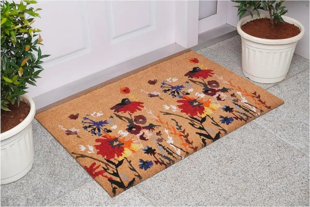 24" X 36" Natural Red and Yellow Coir Floral Outdoor Door Mat - NOBLE HOME INTERIORS