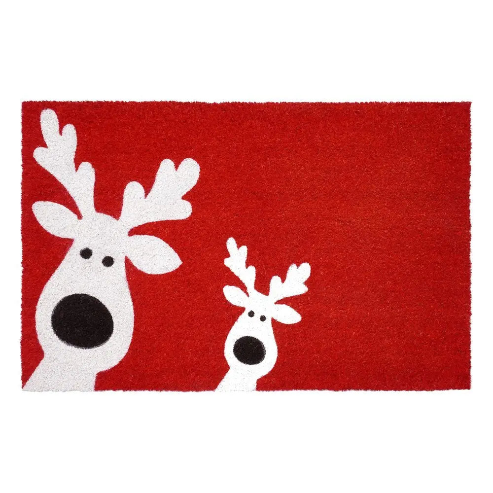 24" X 36" Red White And Black Christmas Reindeer Outdoor Coir Door Mat - NOBLE HOME INTERIORS