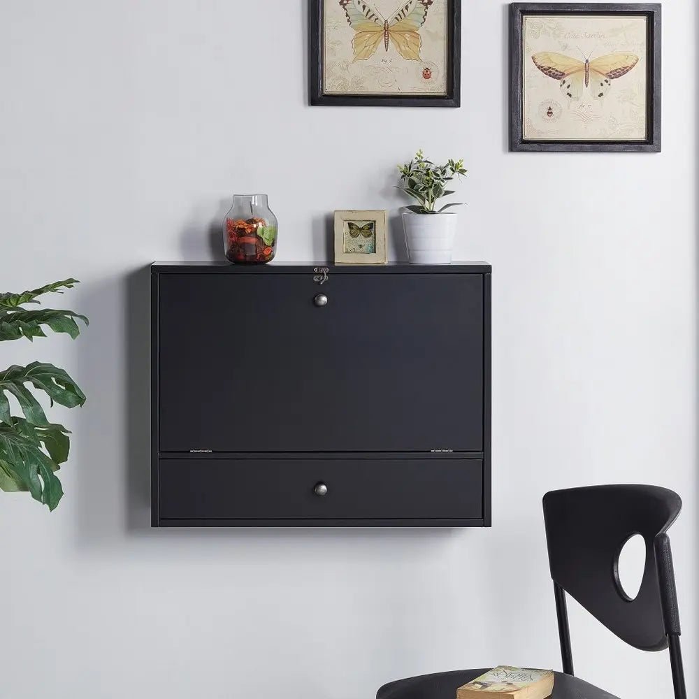 26" Black Wood Wall Mounted Folding Floating Desk - NOBLE HOME INTERIORS