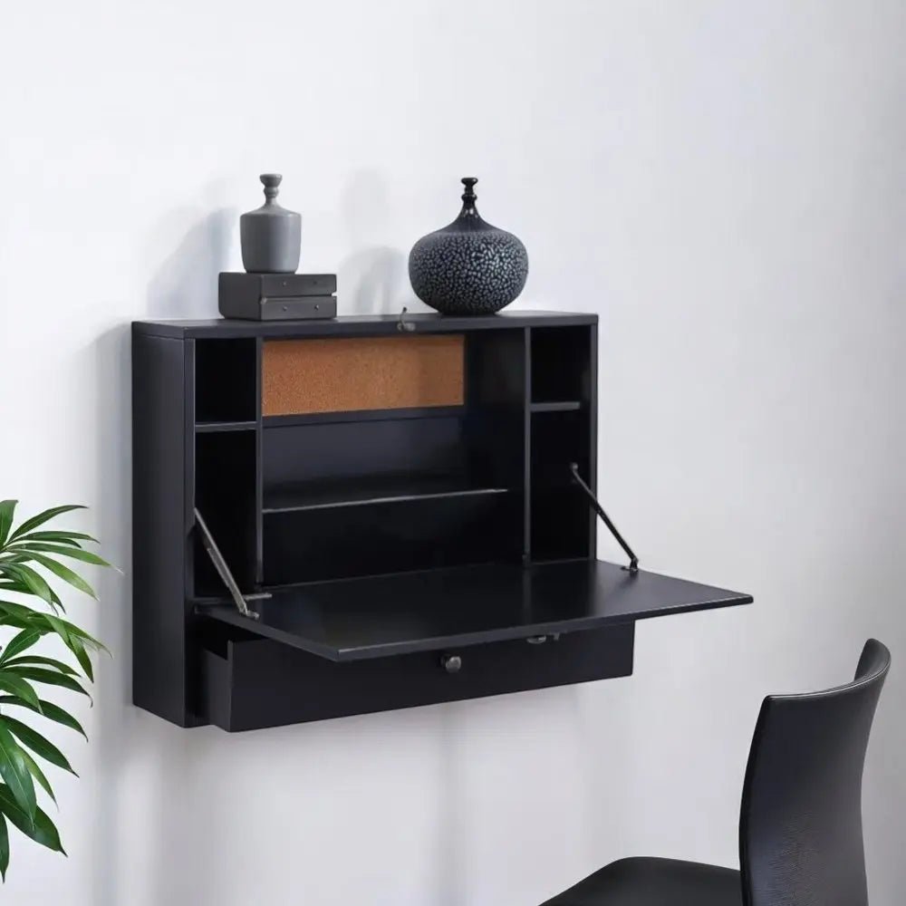 26" Black Wood Wall Mounted Folding Floating Desk - NOBLE HOME INTERIORS