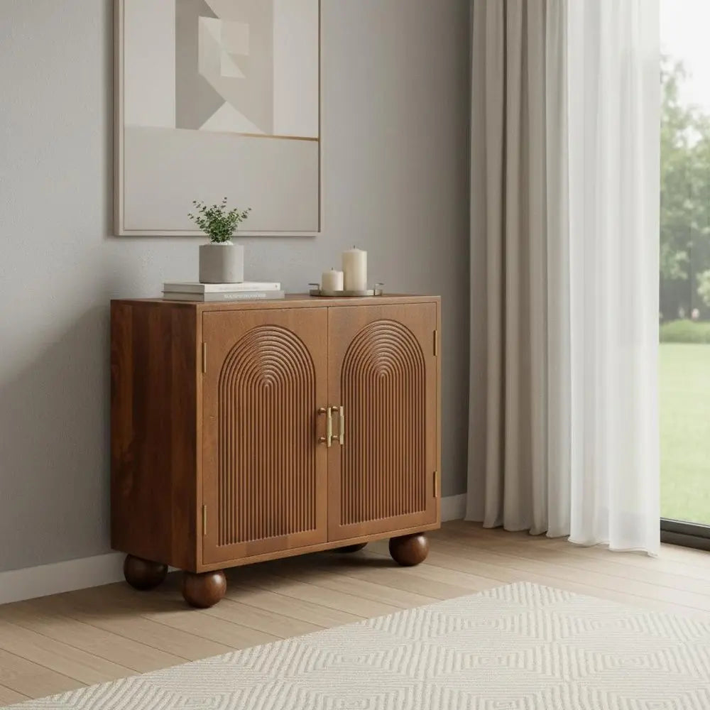 27" Chestnut Solid Wood Textured Geometric Lines Accent Cabinet With Two Doors - NOVA HOME FURNITURE