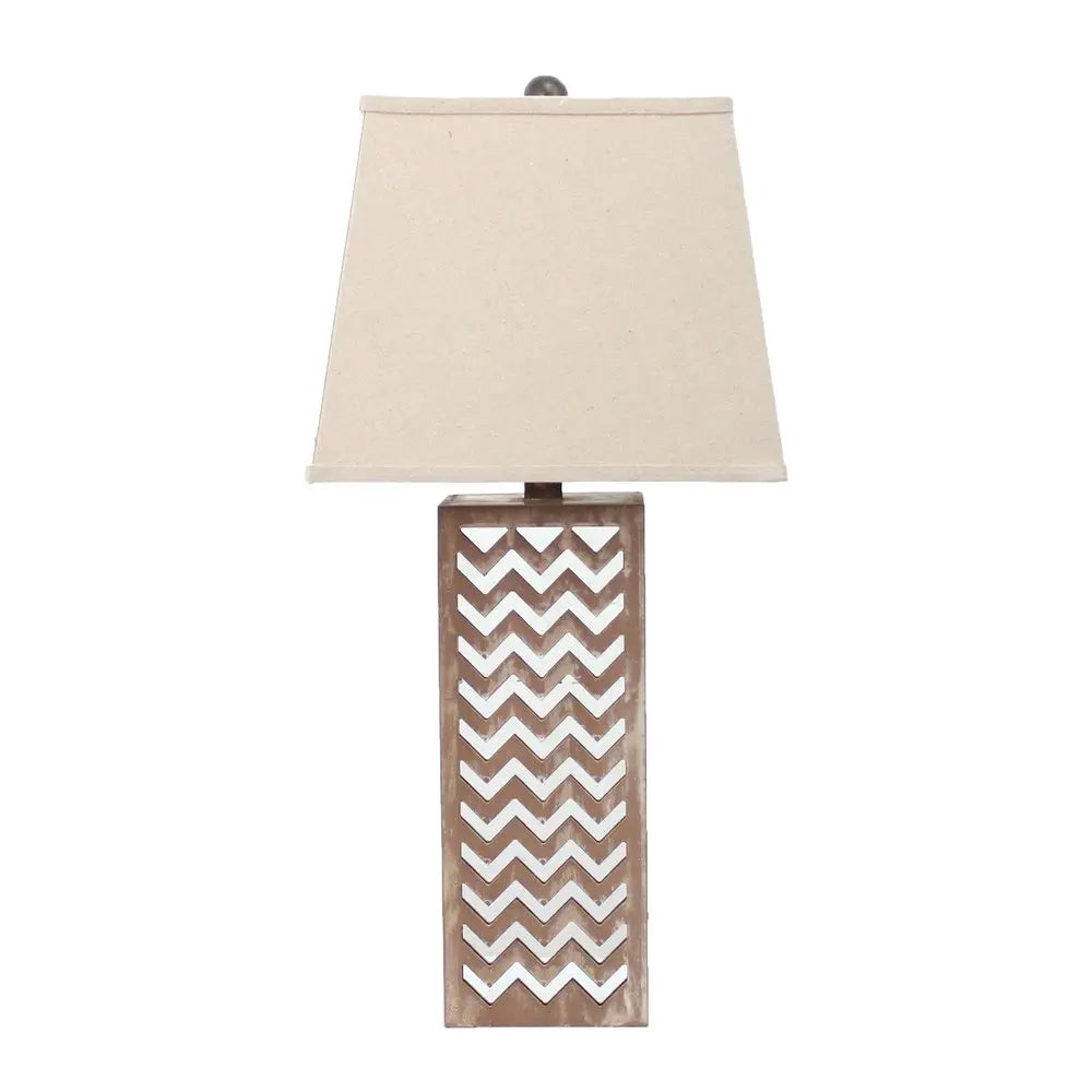 28" Distressed Natural And Silver Metal Bedside Lamp With Beige Cone Shade HomeRoots