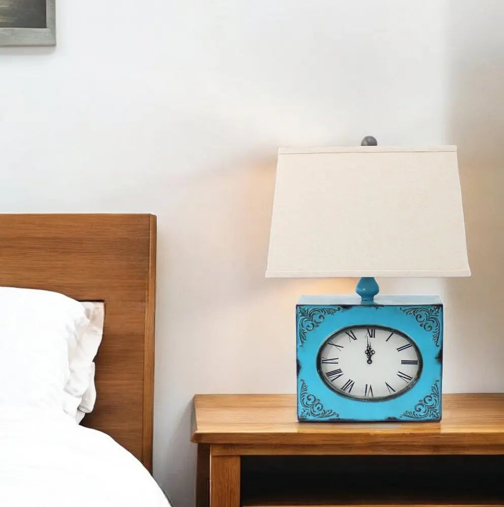 22" Distressed Red Metal Bedside Lamp With Beige Shade HomeRoots