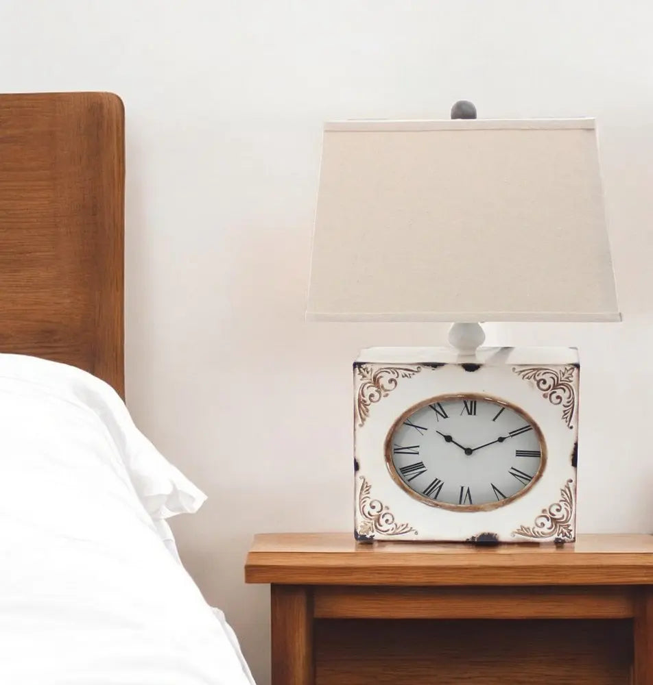 22" Distressed Red Metal Bedside Lamp With Beige Shade HomeRoots