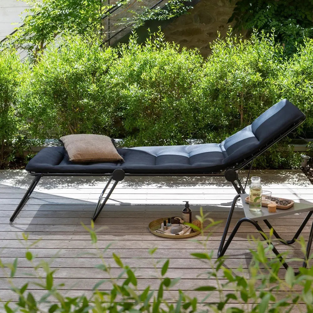 28" Black and Steel Outdoor Chaise Lounge with Black Cushion - NOBLE HOME INTERIORS