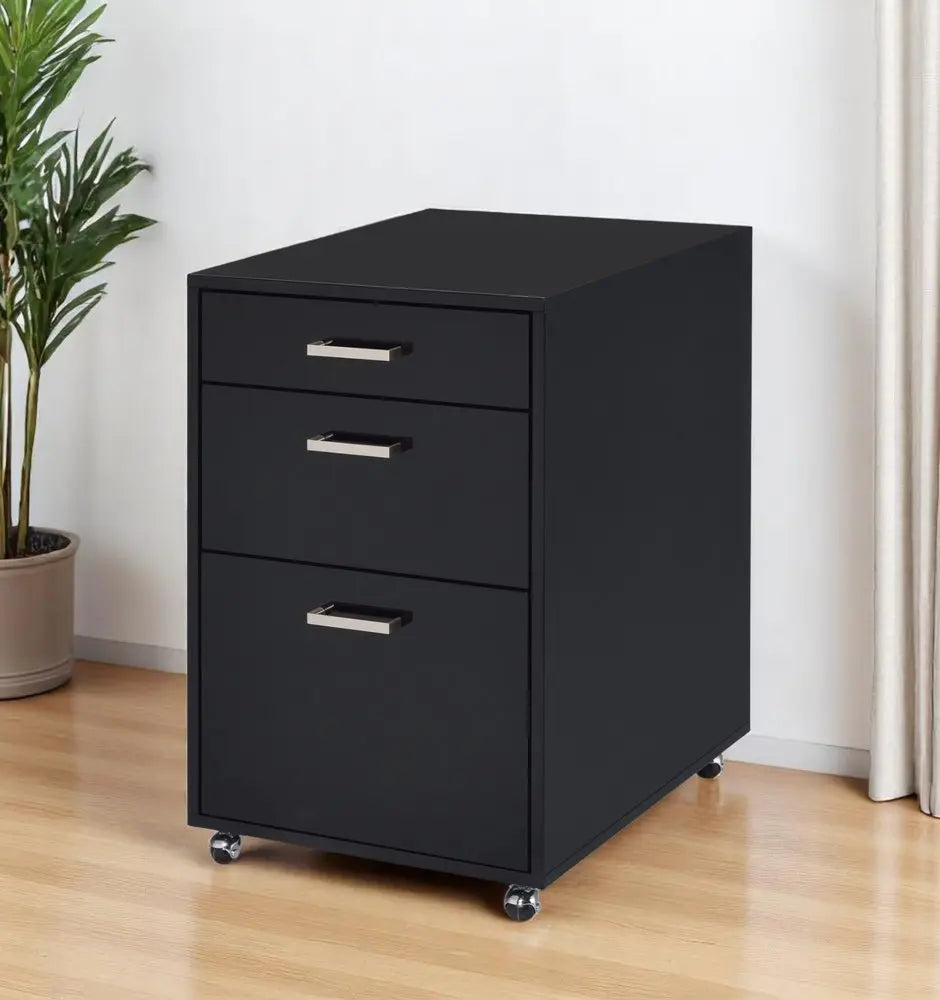 28" Black Wood And Metal Three Drawers Filing Cabinet - NOBLE HOME INTERIORS