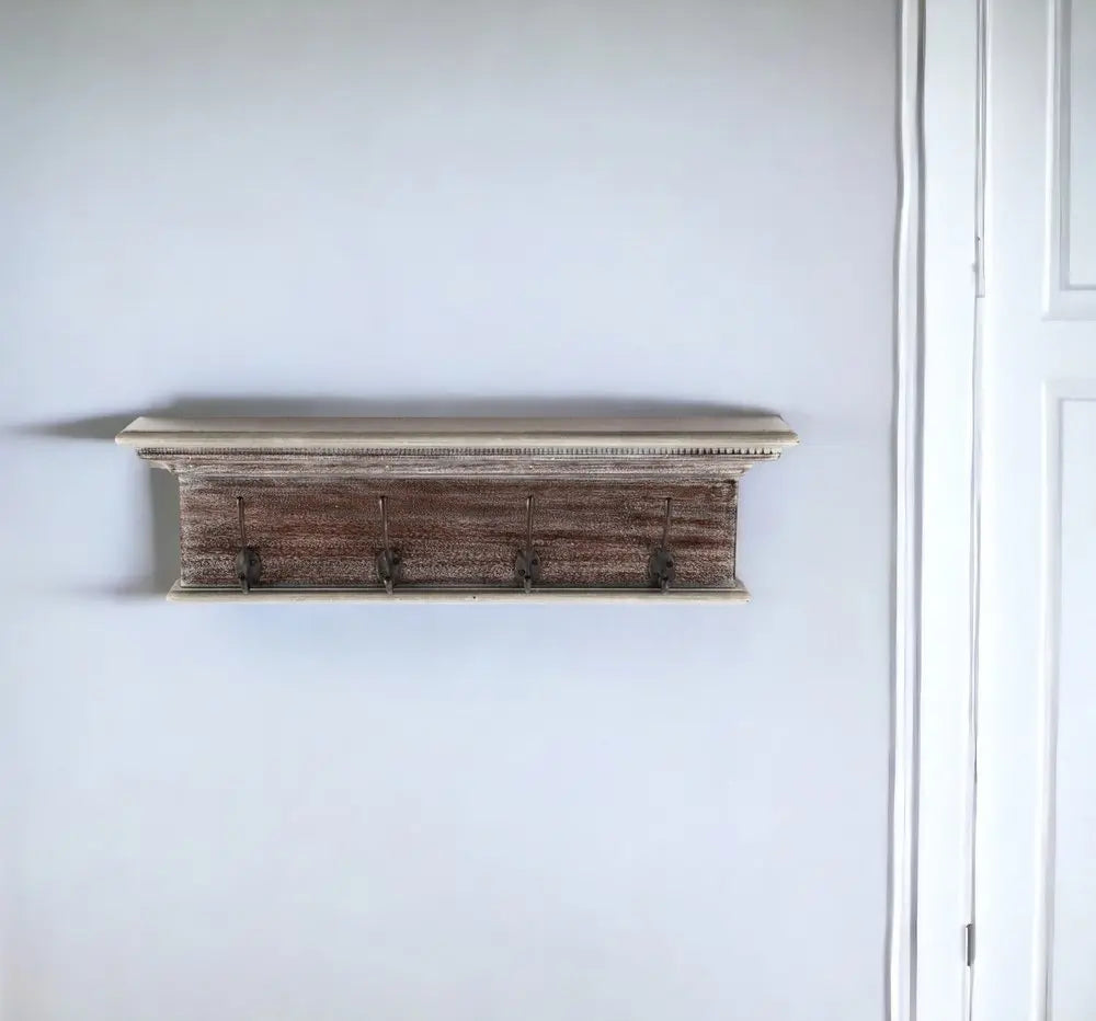 28" Brown Solid Wood Four Hook Wall Mount Coat Rack - NOBLE HOME INTERIORS