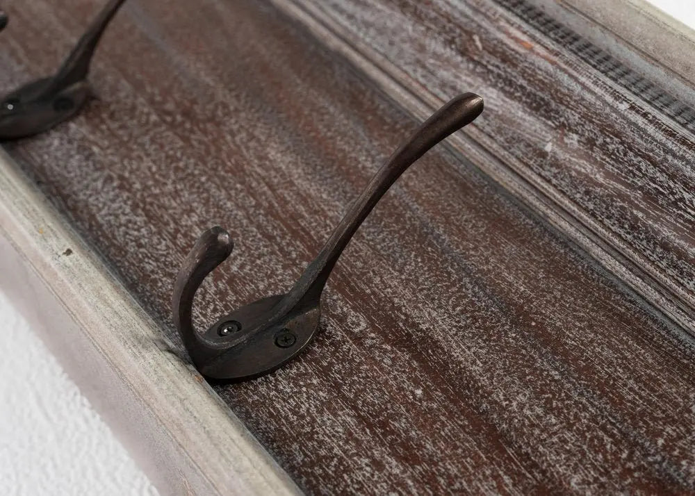 28" Brown Solid Wood Four Hook Wall Mount Coat Rack - NOBLE HOME INTERIORS