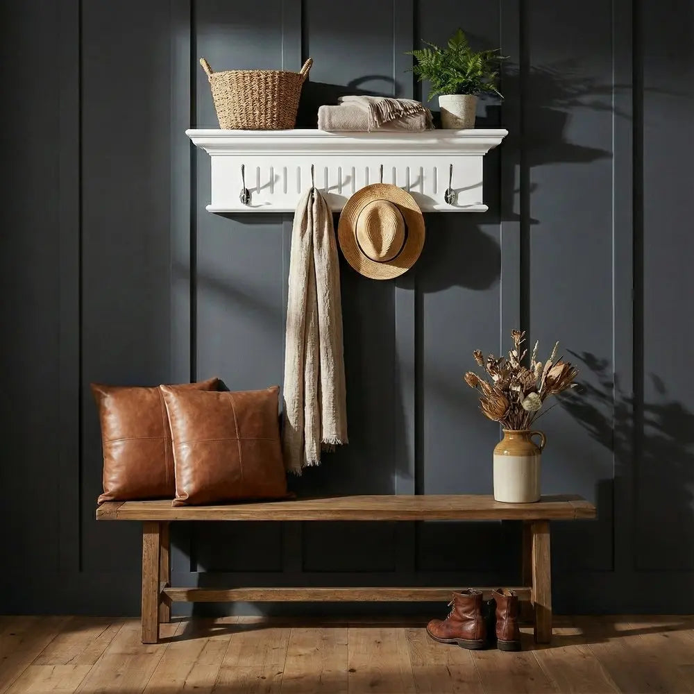 28" White Solid Wood Four Hook Wall Mount Coat Rack - NOBLE HOME INTERIORS