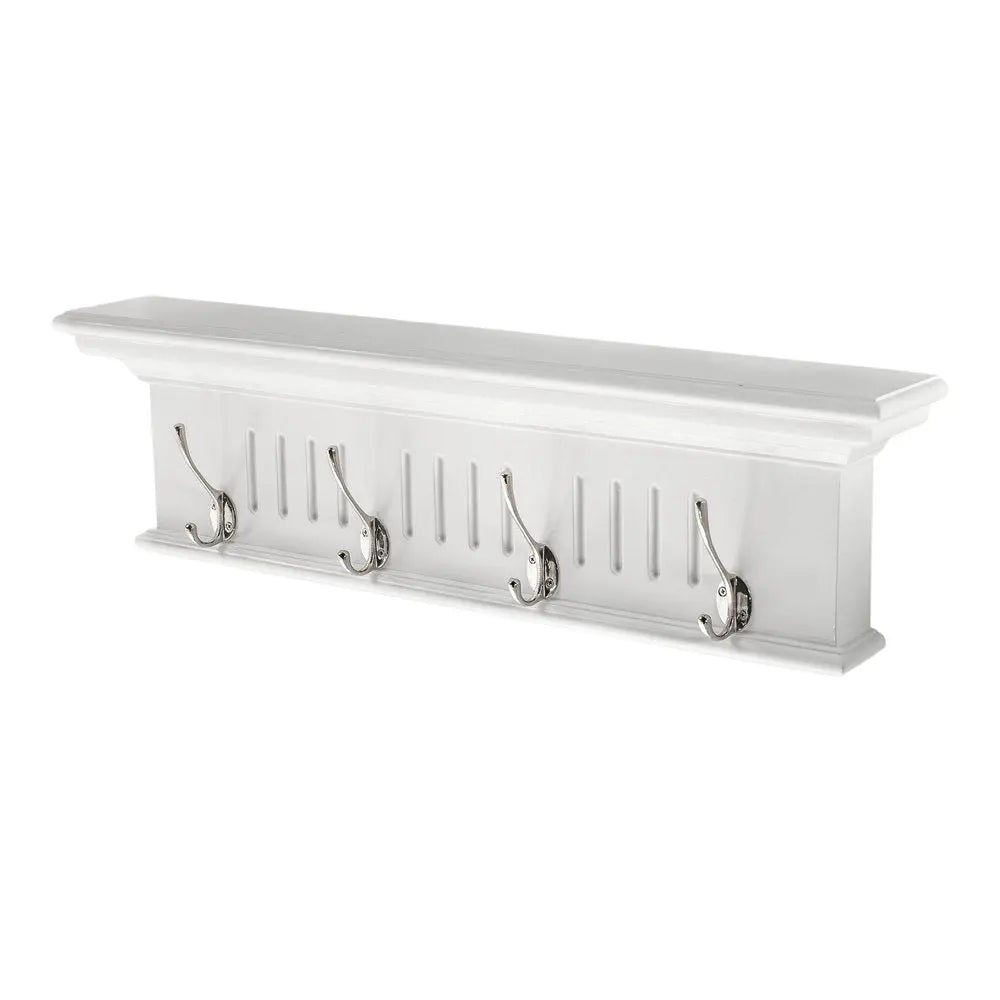 28" White Solid Wood Four Hook Wall Mount Coat Rack - NOBLE HOME INTERIORS