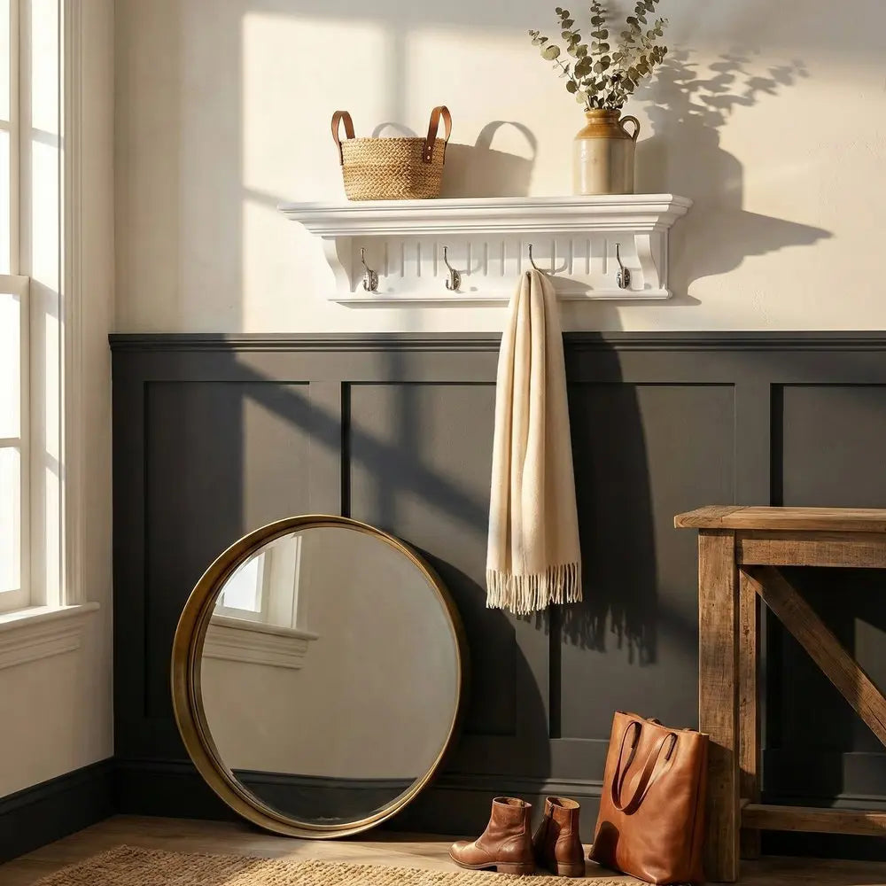 28" White Solid Wood Four Hook Wall Mount Coat Rack - NOBLE HOME INTERIORS