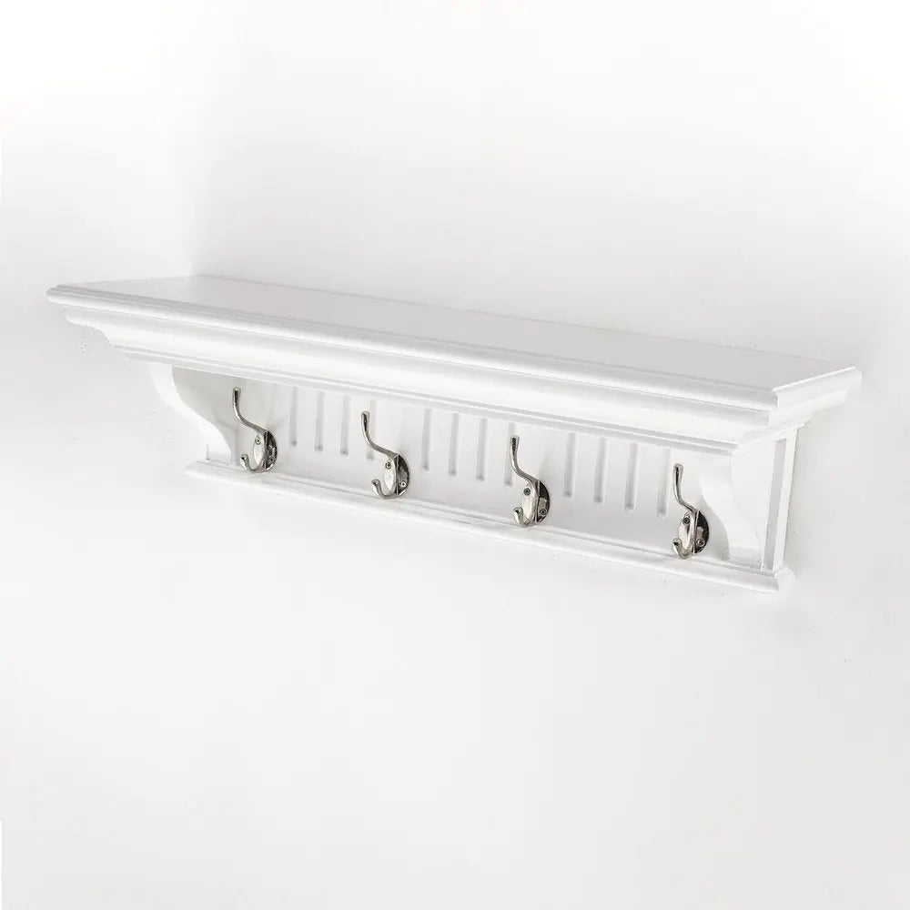 28" White Solid Wood Four Hook Wall Mount Coat Rack - NOBLE HOME INTERIORS
