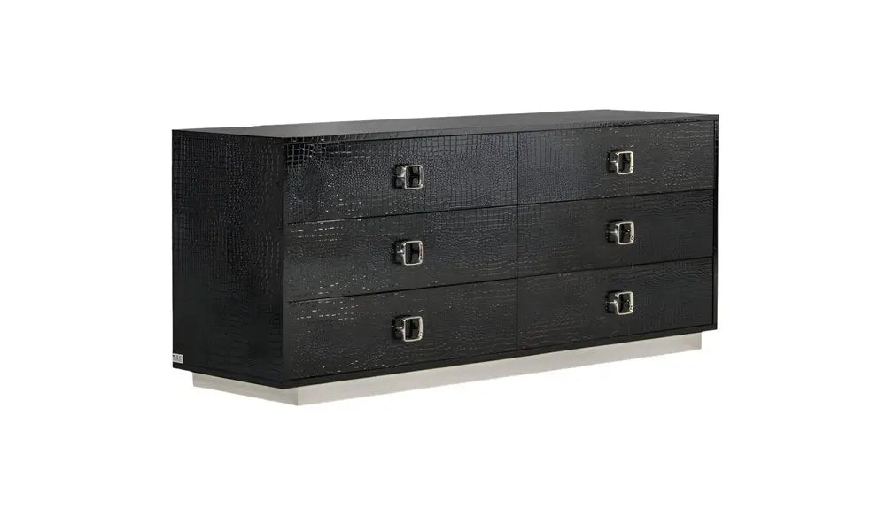 63" Black Six Drawer Shagreen Faux Croc Double Dresser HomeRoots