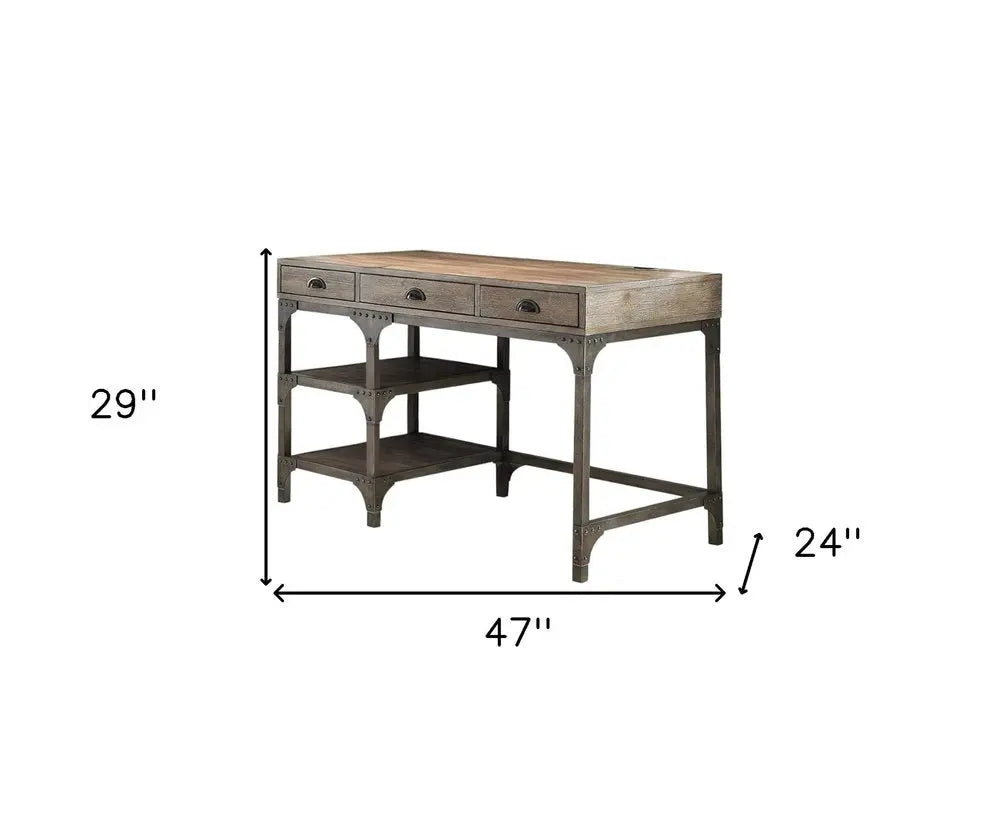 47" Natural and Gray Writing Desk With Three Drawers HomeRoots