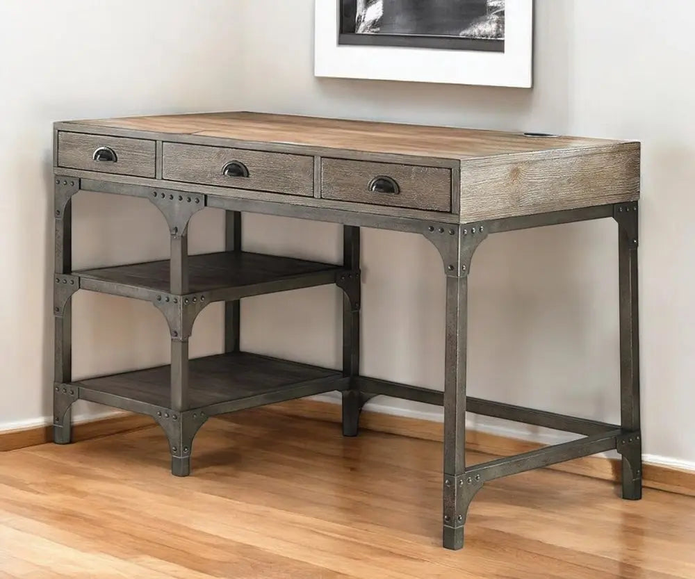 47" Natural and Gray Writing Desk With Three Drawers HomeRoots