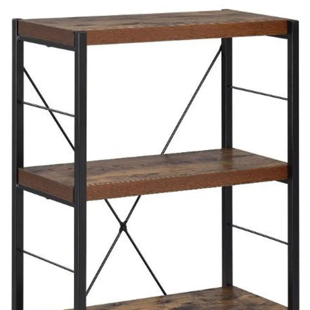 43" Black And Brown Distressed Metal and Wood Three Tier Etagere Bookcase HomeRoots