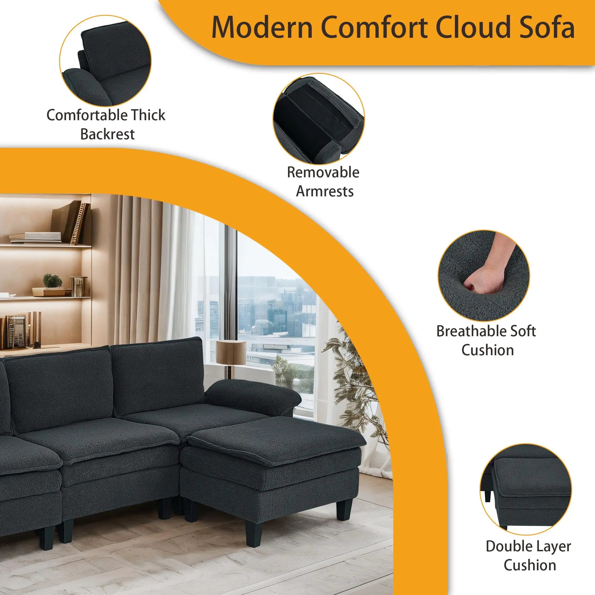 3 - Seater Modular Sofa with Ottoman - Teddy Velvet, Solid Wood & Spring Cushion, Double - Layered Seat for Living Room - NOVA - HOME - FURNITURE
