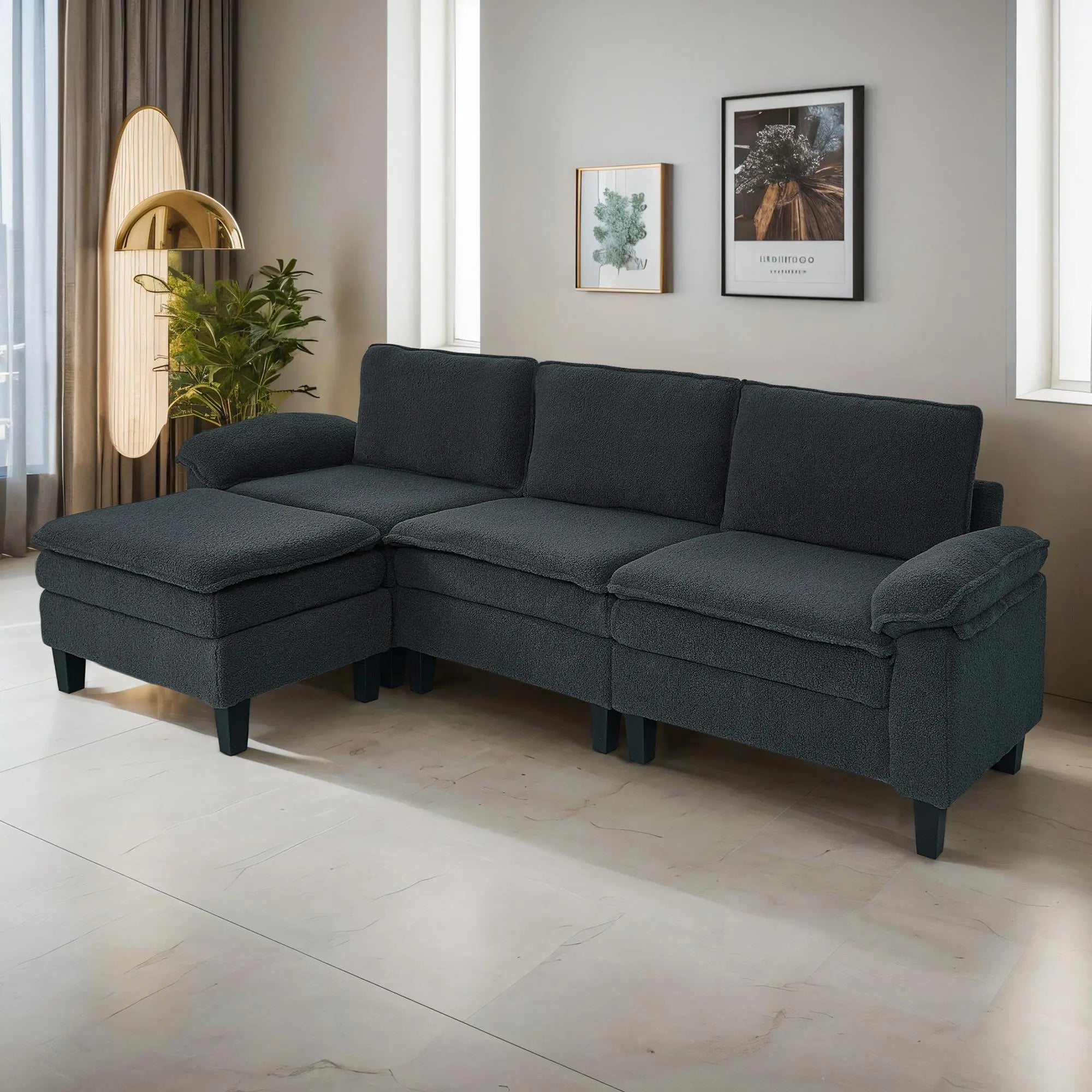 3 - Seater Modular Sofa with Ottoman - Teddy Velvet, Solid Wood & Spring Cushion, Double - Layered Seat for Living Room - NOVA - HOME - FURNITURE