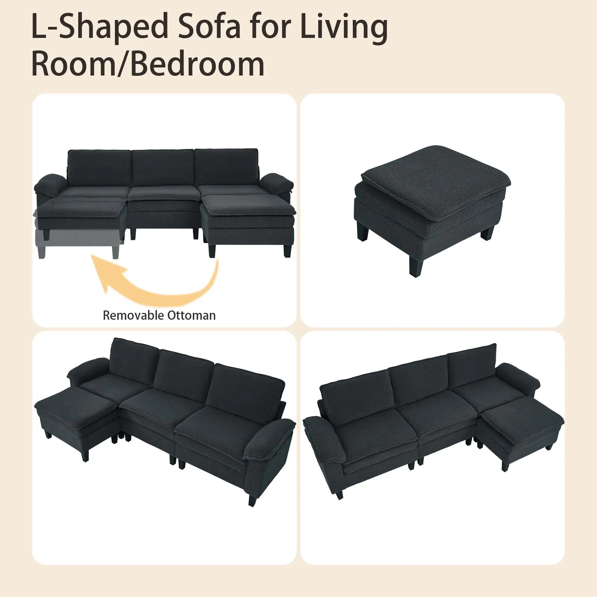 3 - Seater Modular Sofa with Ottoman - Teddy Velvet, Solid Wood & Spring Cushion, Double - Layered Seat for Living Room - NOVA - HOME - FURNITURE