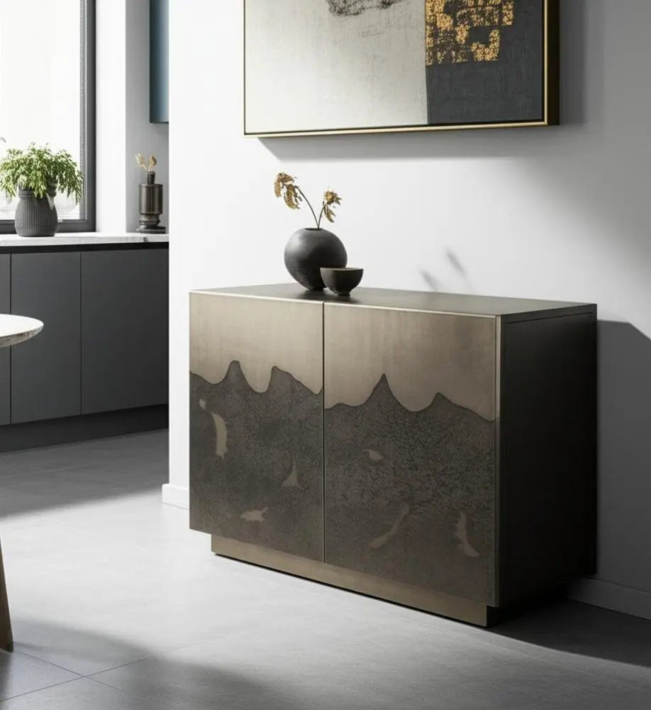 30" Gray Distressed Metal Textured Door Accent Cabinet With Two Doors - NOBLE HOME INTERIORS