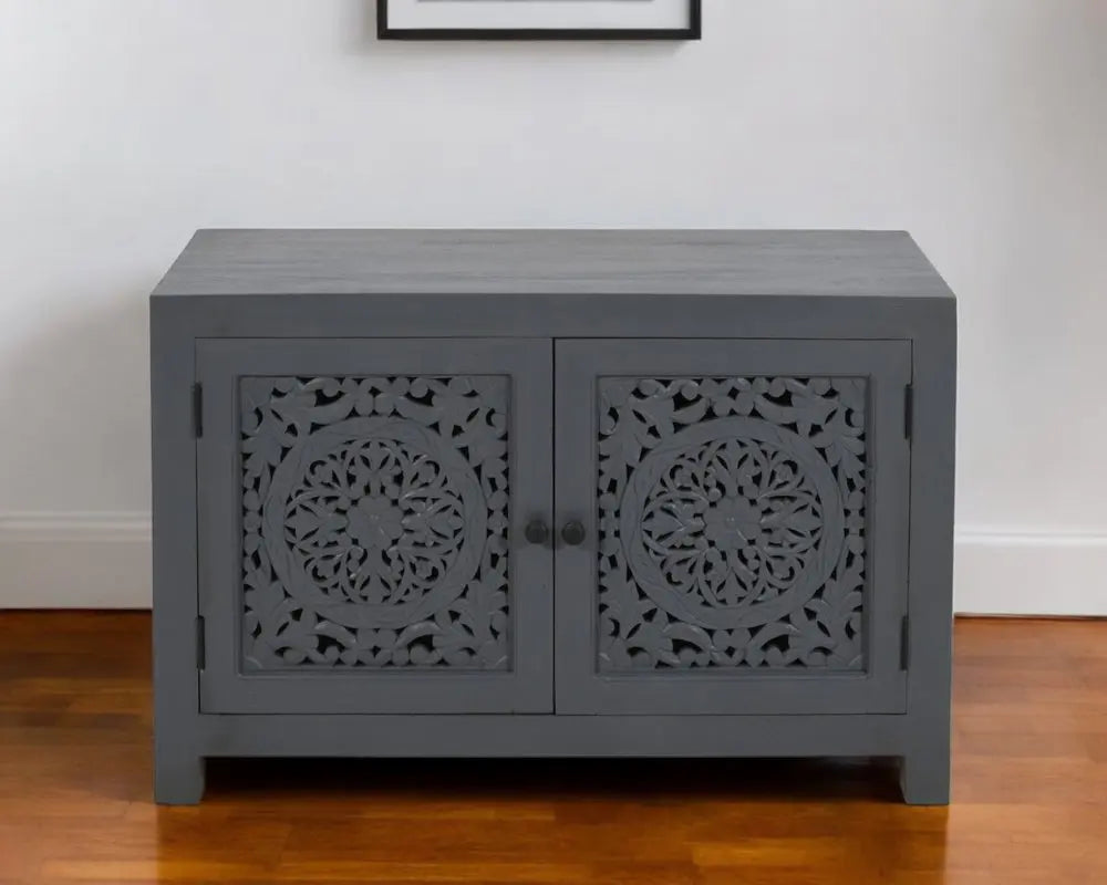 30" Gray Distressed Solid Wood Textured Door Accent Cabinet With Two Doors - NOVA HOME FURNITURE