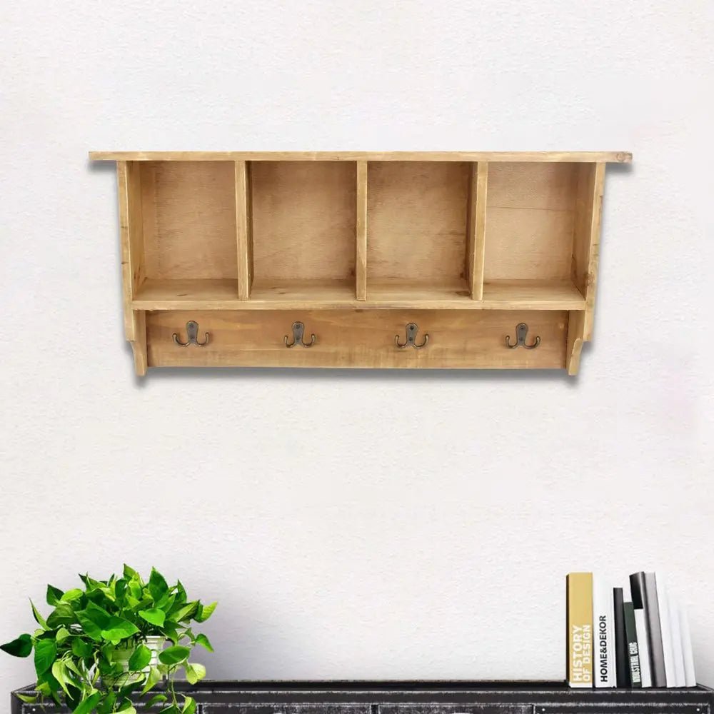 30" Natural Wood Four Hook Wall Mount Coat Rack - NOBLE HOME INTERIORS