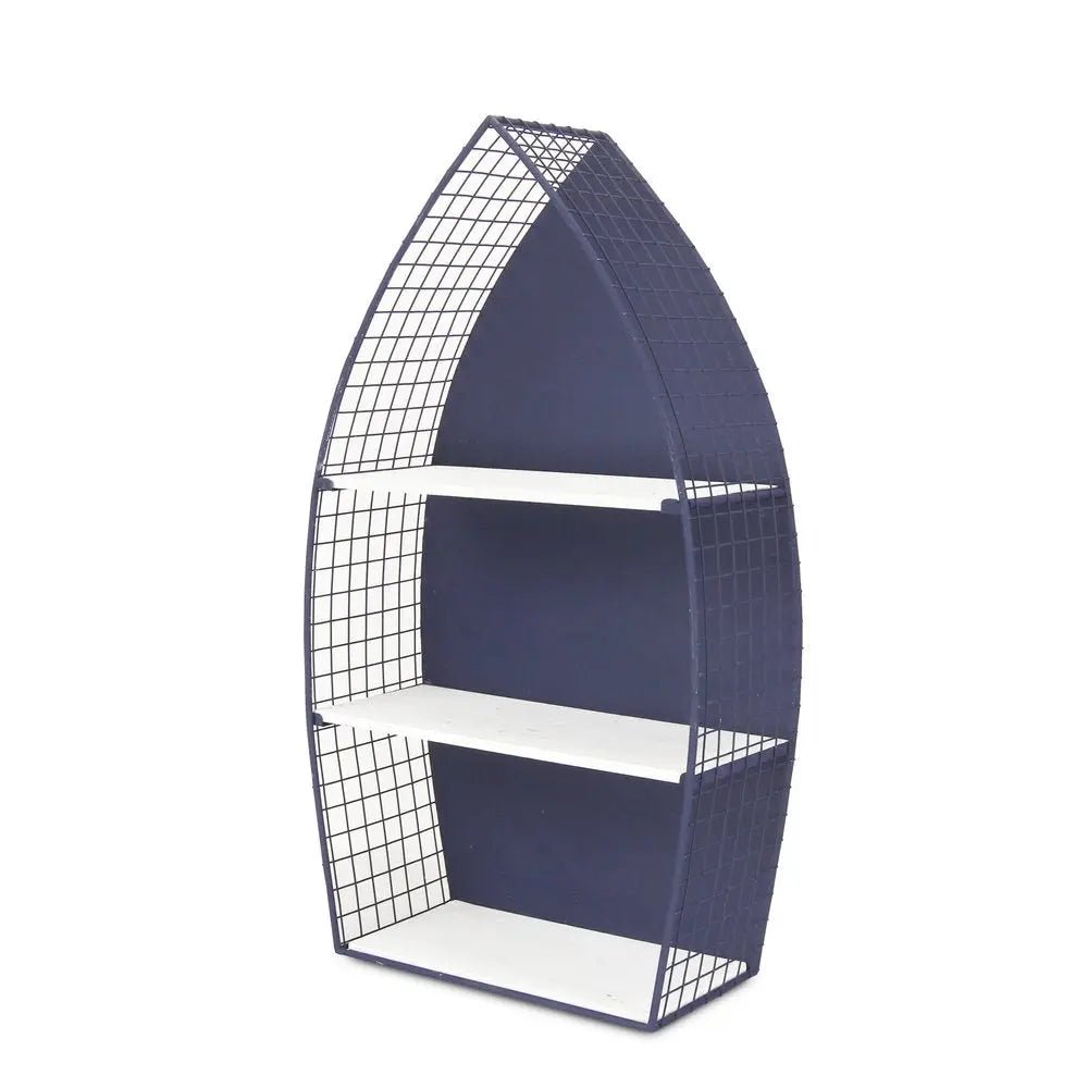 30" Navy Blue And White Metal and Wood Boat Shaped Bookcase - NOBLE HOME INTERIORS