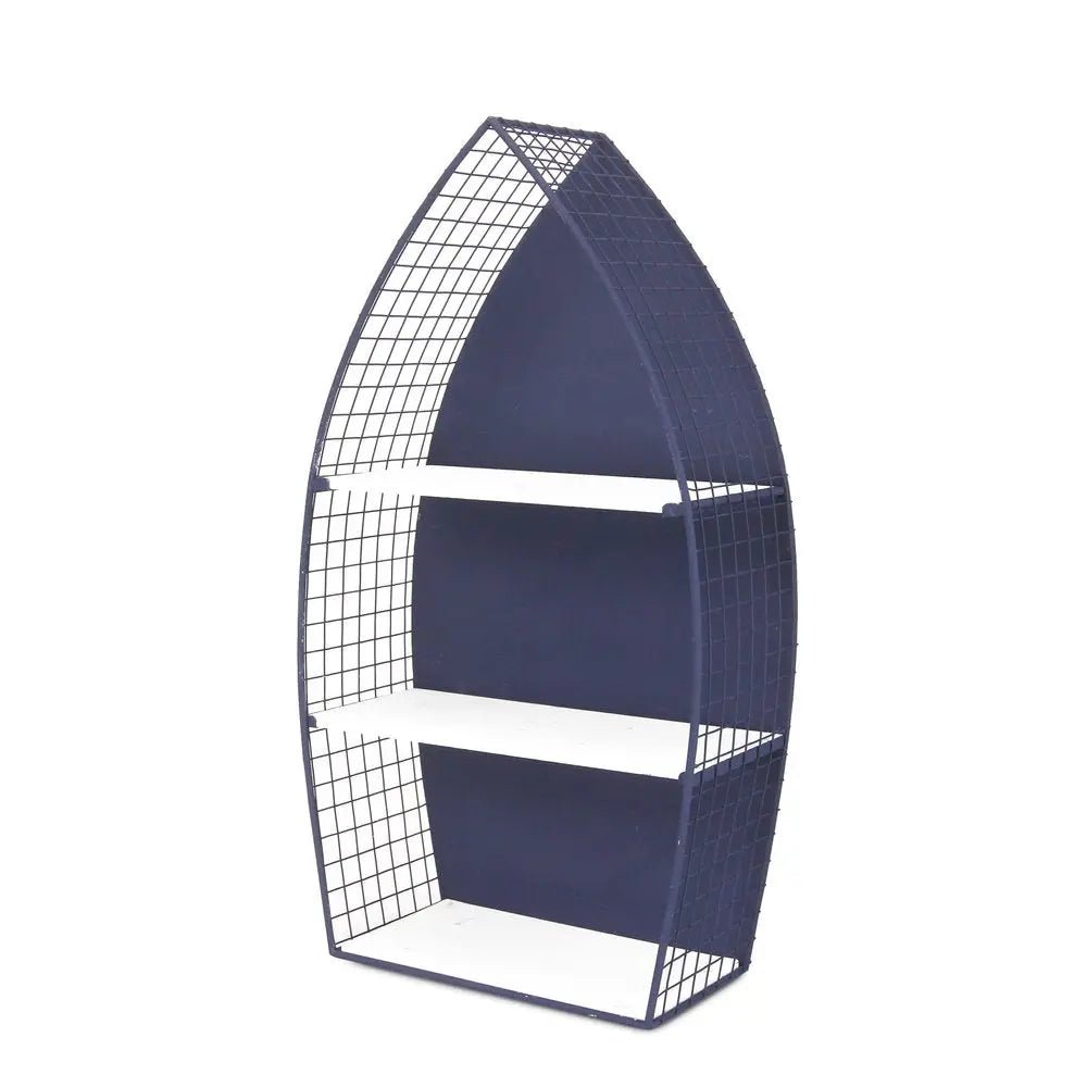 30" Navy Blue And White Metal and Wood Boat Shaped Bookcase - NOBLE HOME INTERIORS