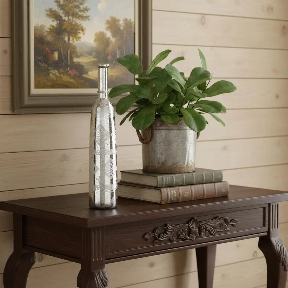 30" Silver Floral Round Glass Table Vase - NOBLE HOME INTERIORS