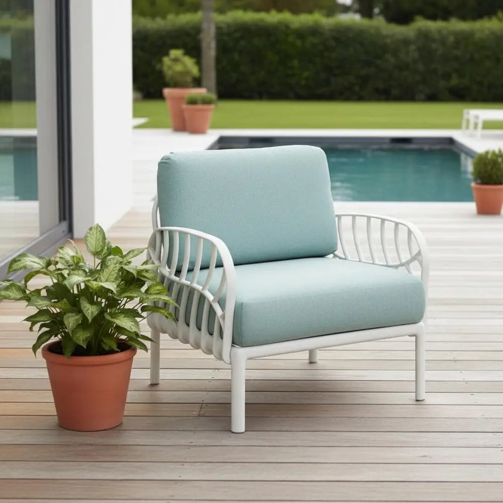 31" White Heavy Duty Plastic Outdoor Armchair With Sea Green Cushion - NOBLE HOME INTERIORS