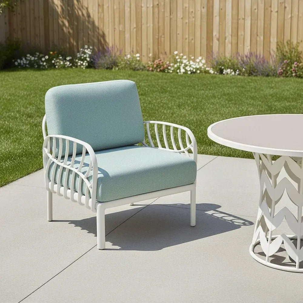 31" White Heavy Duty Plastic Outdoor Armchair With Sea Green Cushion - NOBLE HOME INTERIORS