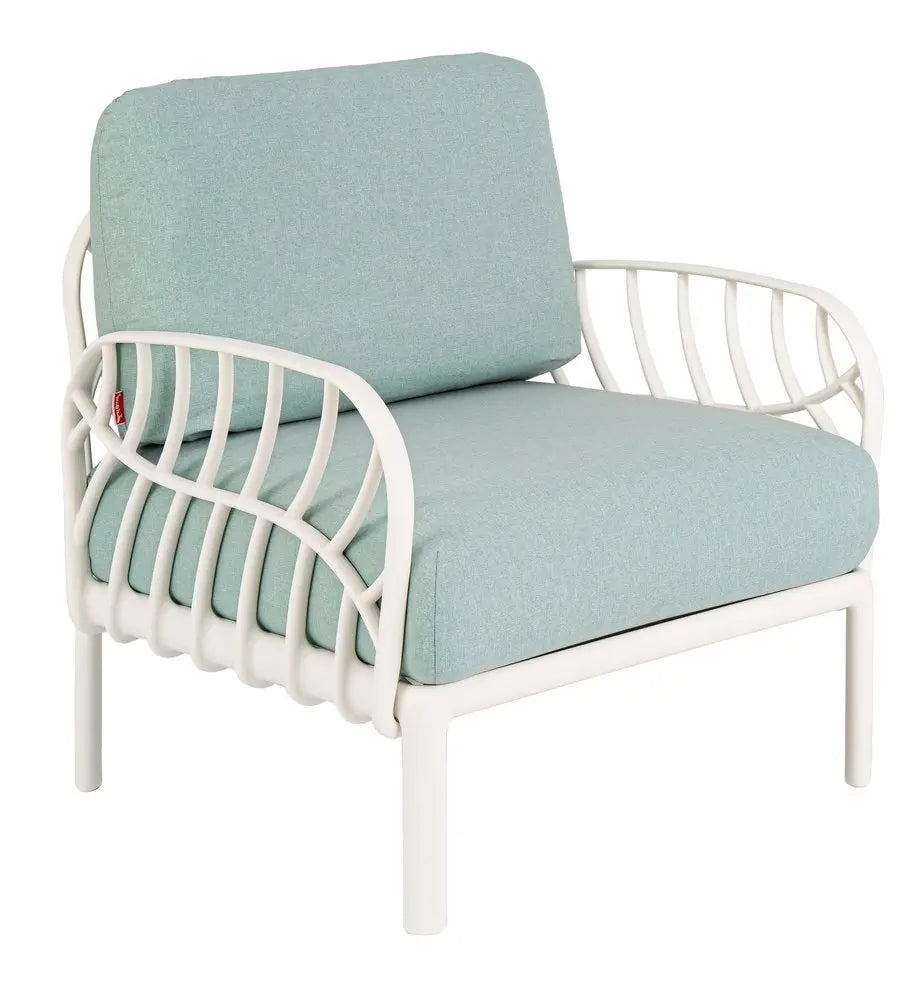 31" White Heavy Duty Plastic Outdoor Armchair With Sea Green Cushion - NOBLE HOME INTERIORS