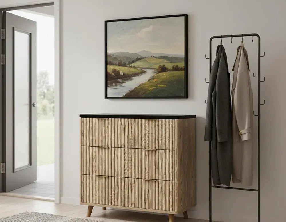 32" Black and Oak Solid Wood Console Accent Cabinet With Three Drawers - NOVA HOME FURNITURE