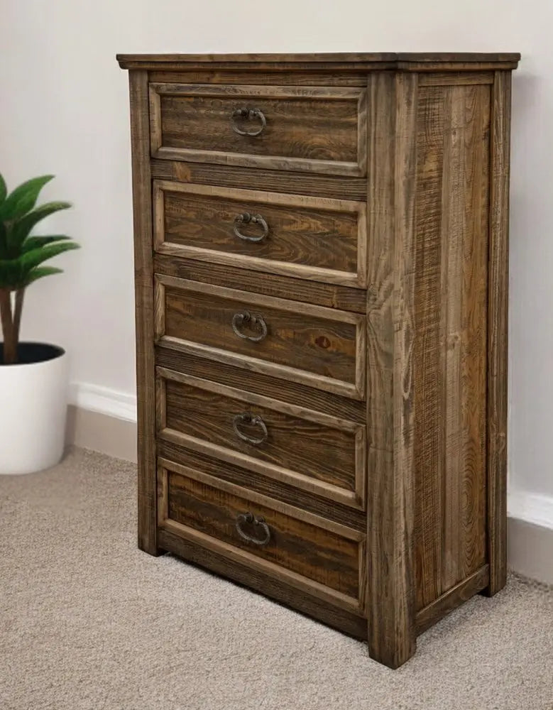 32" Brown Solid Wood Five Drawer Chest - NOBLE HOME INTERIORS