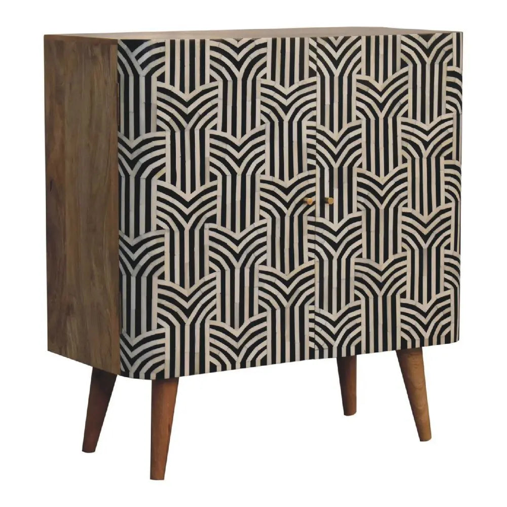 32" Dark Brown Black and White Solid Wood And Inlaid Bone Textured Accent Cabinet With Two Doors - NOVA HOME FURNITURE