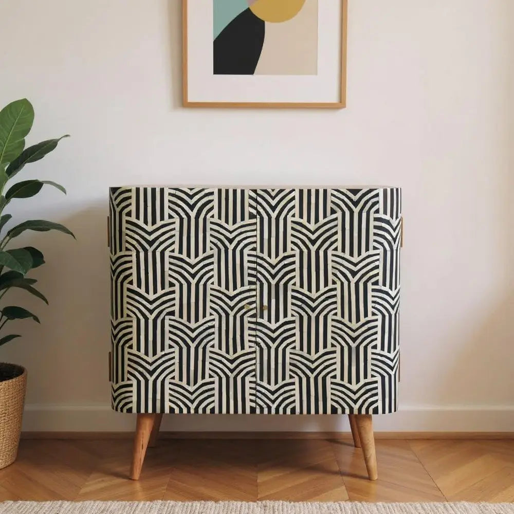 32" Dark Brown Black and White Solid Wood And Inlaid Bone Textured Accent Cabinet With Two Doors - NOVA HOME FURNITURE