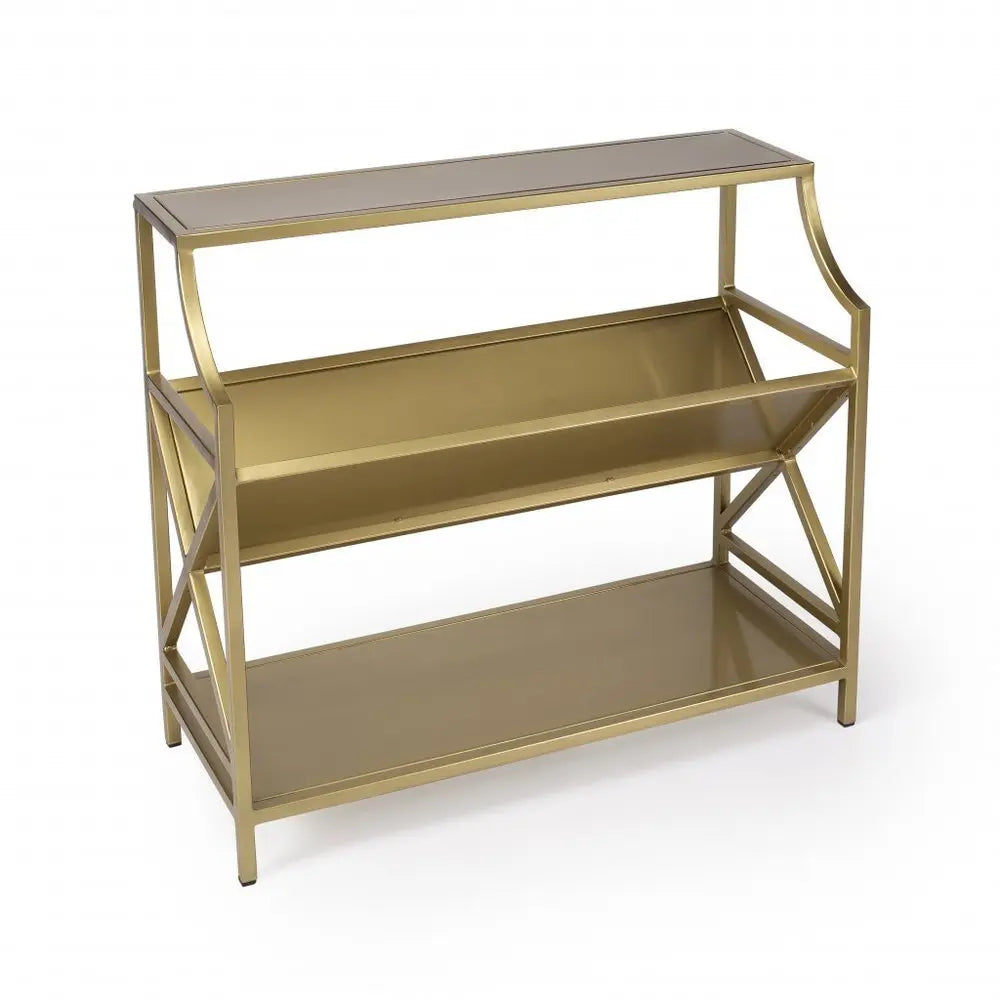 32" Gold Iron and Metal Two Tier Bookcase - NOBLE HOME INTERIORS