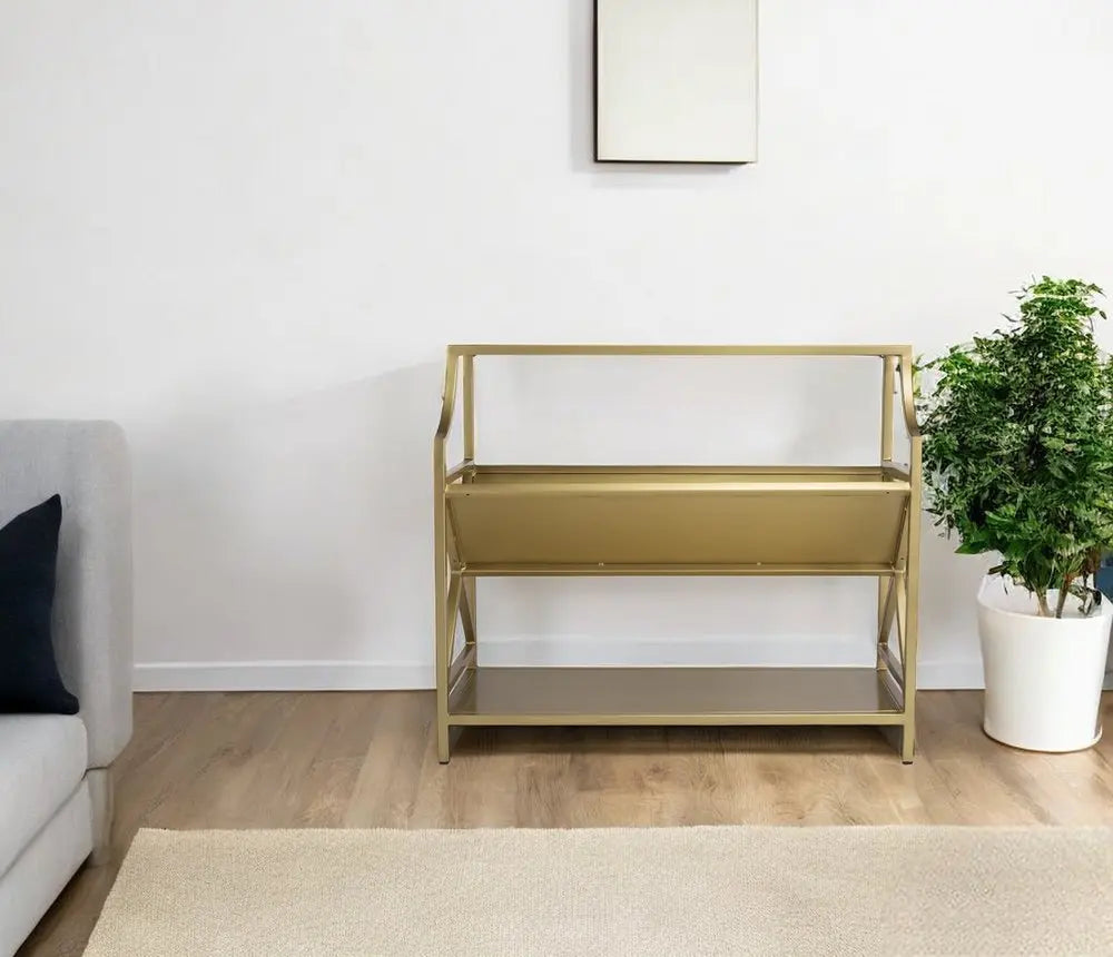 32" Gold Iron and Metal Two Tier Bookcase - NOBLE HOME INTERIORS