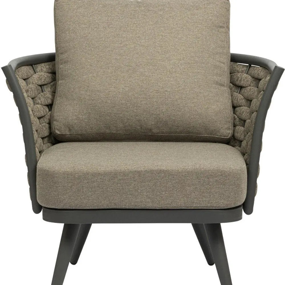 32" Gray And Taupe Woven Aluminum Outdoor Arm Chair with Taupe Cushion - NOBLE HOME INTERIORS