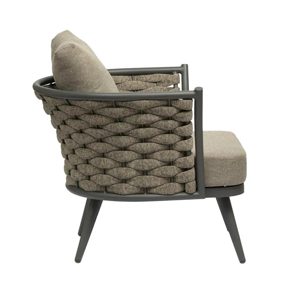 32" Gray And Taupe Woven Aluminum Outdoor Arm Chair with Taupe Cushion - NOBLE HOME INTERIORS