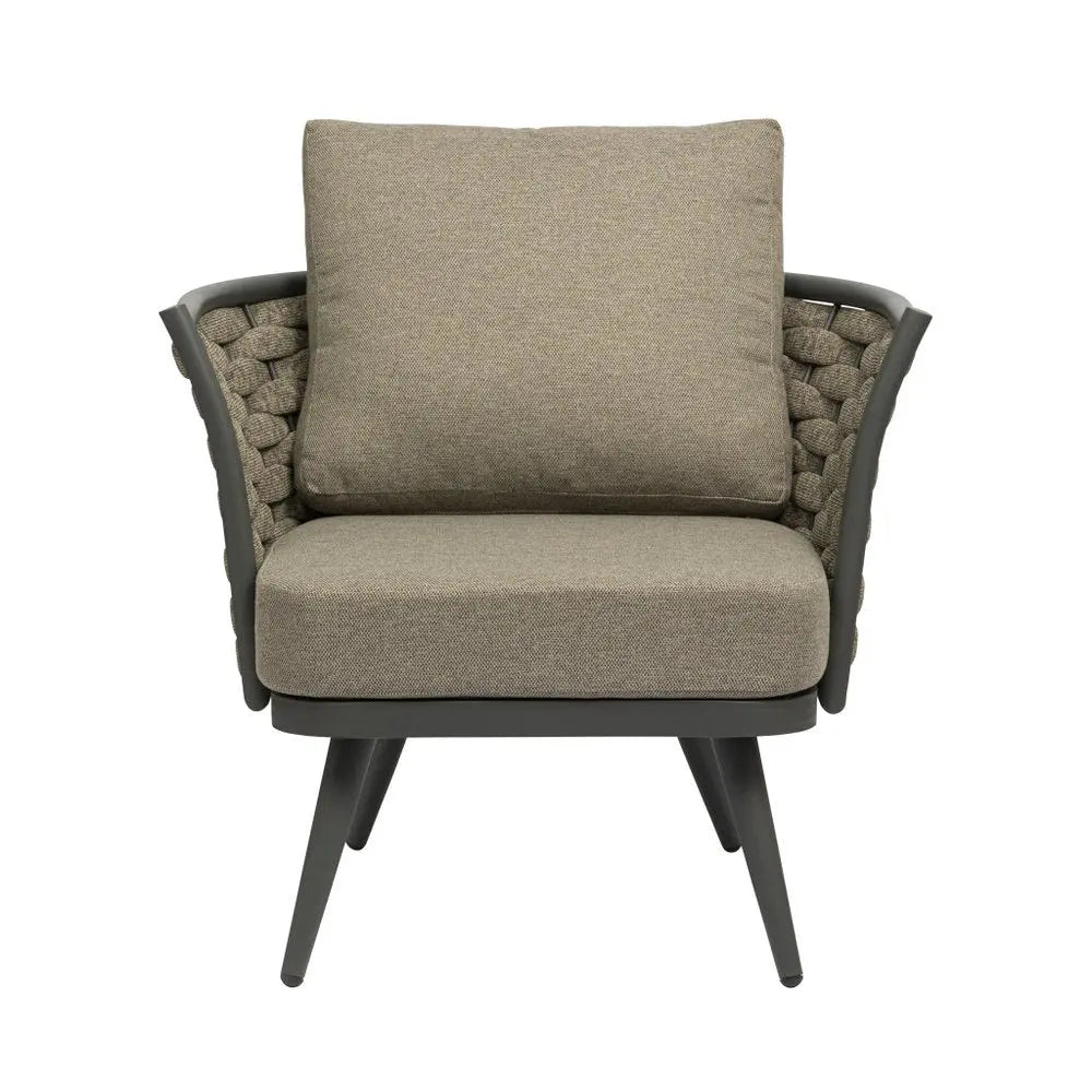 32" Gray And Taupe Woven Aluminum Outdoor Arm Chair with Taupe Cushion - NOBLE HOME INTERIORS