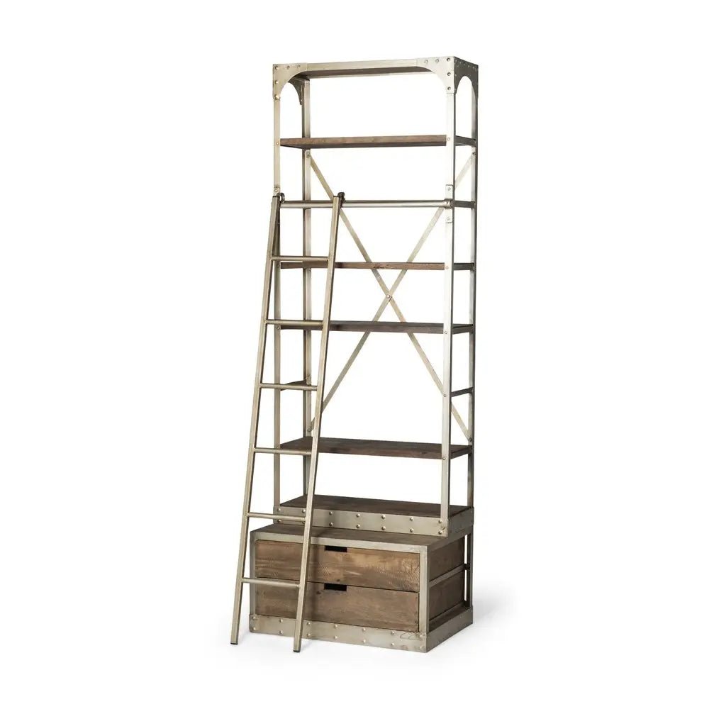 32" Light Brown And Nickel Metal and Solid Wood Six Tier Library Bookcase with Two Drawers - NOBLE HOME INTERIORS