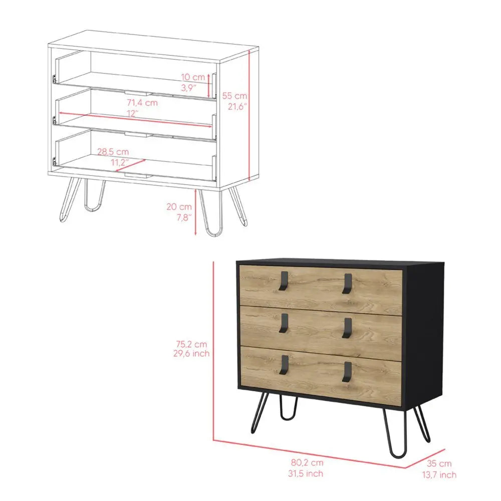 32" Natural and Black Three Drawer Dresser - NOBLE HOME INTERIORS