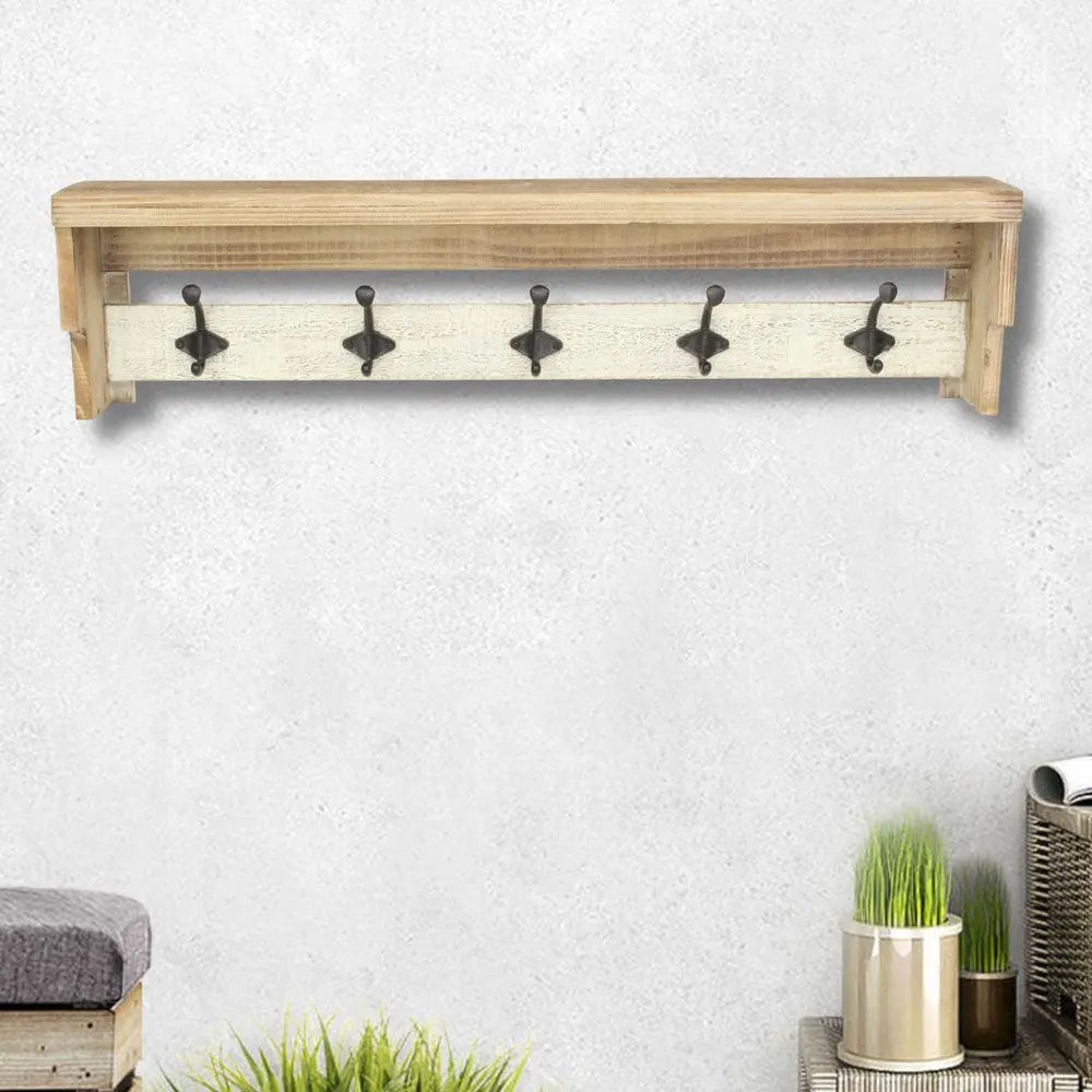 32" Natural Wood Five Hook Wall Mount Coat Rack - NOBLE HOME INTERIORS