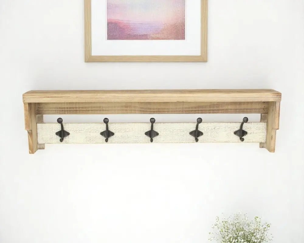 32" Natural Wood Five Hook Wall Mount Coat Rack - NOBLE HOME INTERIORS
