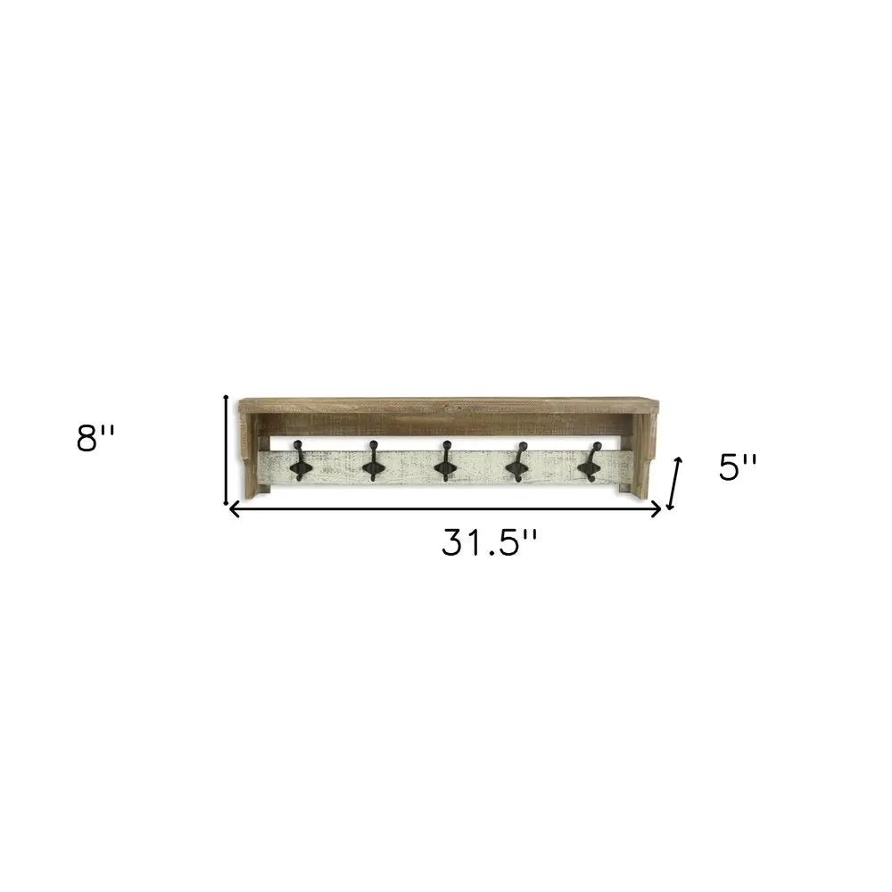 32" Natural Wood Five Hook Wall Mount Coat Rack - NOBLE HOME INTERIORS