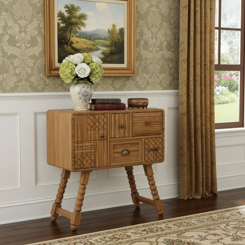 32" Sepia Solid Wood Console Accent Cabinet With Single Door And Four Drawers - NOVA HOME FURNITURE